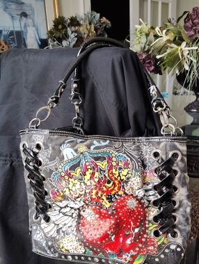 Vintage Ed Hardy Imbellished Heart Tote Bag in Black and Red